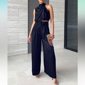 NWT Navy Satin 2 Piece Outfit Pants w/ Asymmetric Top Sz M
